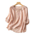 Women's Summer Artistic Retro Linen Cotton Embroidered Crew Neck Lightweight Loose Sh - Pink