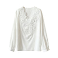 Summer Slimming Linen Cotton Lace Long Sleeve V-Neck Patchwork Heavy Shirt