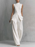 Fashion Elegant Linen Cotton Sleeveless Drapey Shirt + Pants Set