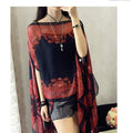 Women's Summer Ethnic Retro Chiffon Printed Lightweight Sun-Protection Top + Shawl + - Black