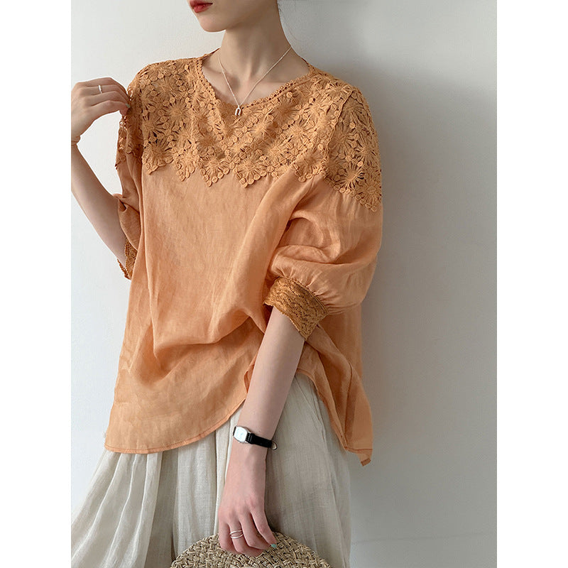 Summer Korean Artistic Ramie Hollow-Out Neckline Shirt
