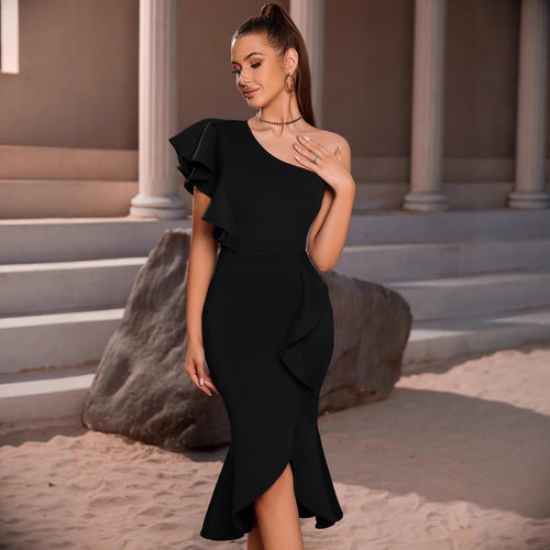 Women's One-Shoulder Ruffle Slimming Sexy Elegant Classic Evening Gown