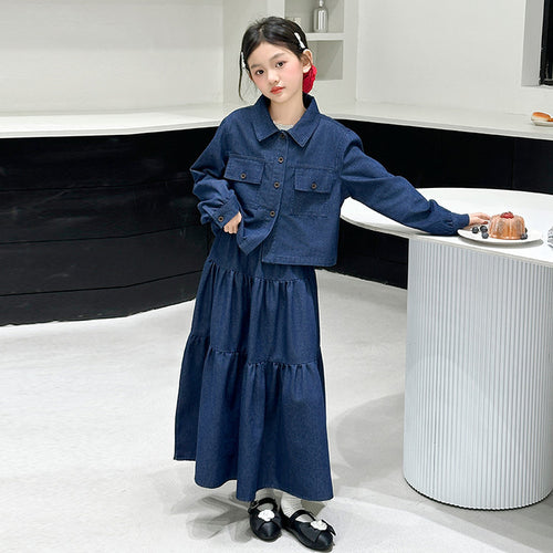 Girls' Lapel Top & A-Line Denim Skirt Set