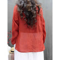 Women's Spring-Summer Artistic Linen Cotton Long Sleeve Crew Neck Lightweight Loose T - Black