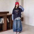 Girls' Cartoon Print Faux Layered Tee & Denim Wide-Leg Pants Set