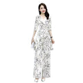 Summer Fashion Elegant Plus Size Chiffon Waist-Tie Loose Wide Leg Pants 2-Piece Set