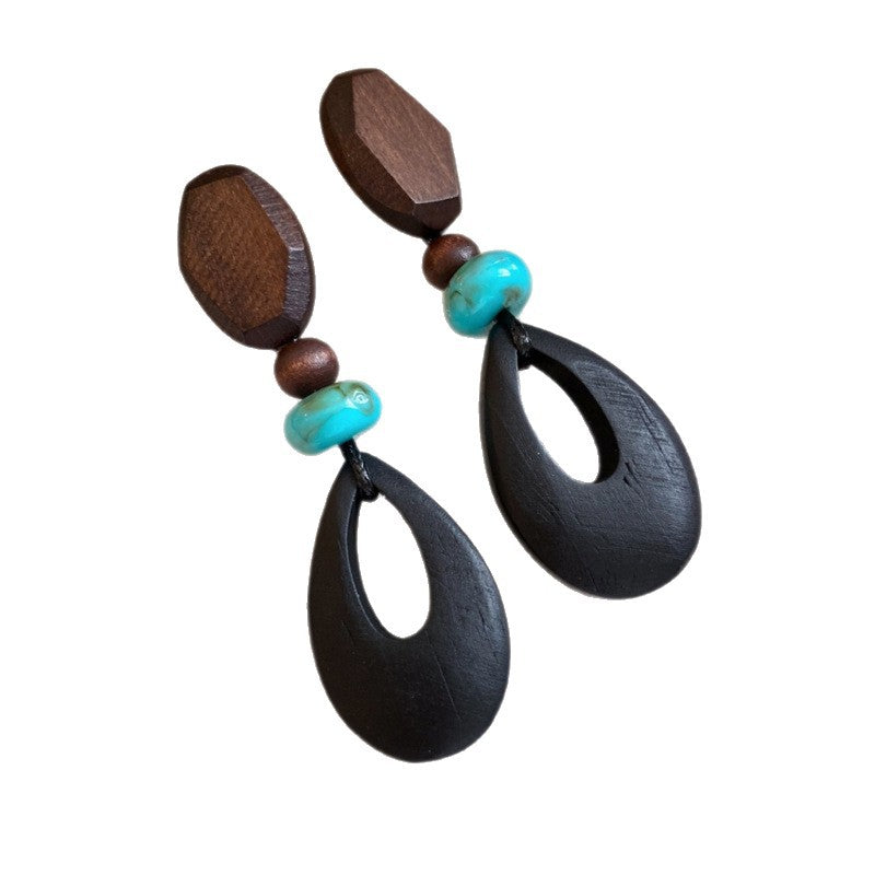 Vintage Round Wooden Drop Earrings - view 5