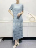 Pleated Fringe Short Sleeve Long Dress, Light Luxury Casual