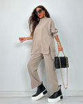 Solid Long Sleeve + Pants Two-Piece Casual Set, 2025