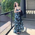 Blue Floral Camisole Beach Long Dress, Fairy Vacation