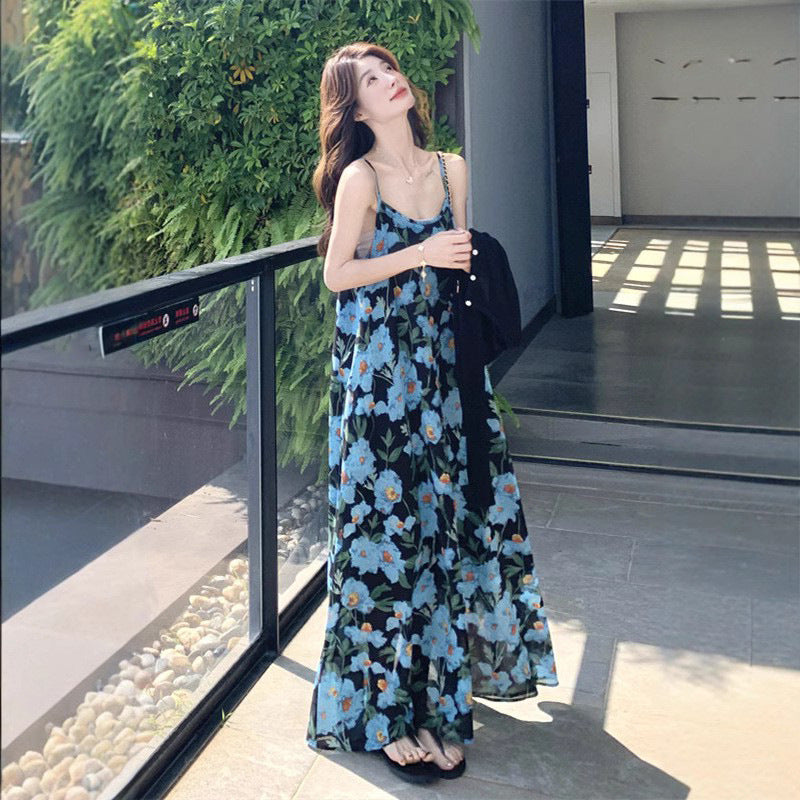 Blue Floral Camisole Beach Long Dress, Fairy Vacation