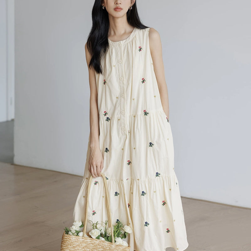 Embroidered Sleeveless A-Line Dress, Princess Style Vacation Long Dress