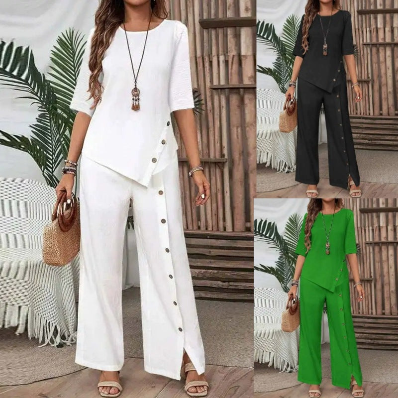 Casual Fashion Asymmetric Loose Hem Shirt + Pants 2-Piece Set