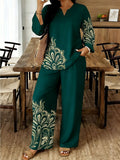 Women's Ethnic Retro Plus Size Long Sleeve V-Neck Printed Drapey Top Set 2026 - 1