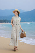 Pure Linen Embroidered Stand Collar Dress, Washed Soft Literary Style
