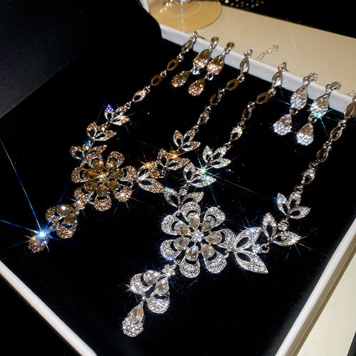 EU/US Import Imperial Breeze Rhinestone Flower Teardrop Stud Earring Necklace Set Clavicle Chain Light Luxury Premium Necklace Women