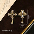 Vintage Cross Drop Imperial Breeze Western Retro Pearl Earrings Rhinestone Fashionable Personality Stud