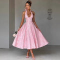 V-Neck Halter Jacquard Evening Gown - Elegant Backless Sleeveless Dress Women