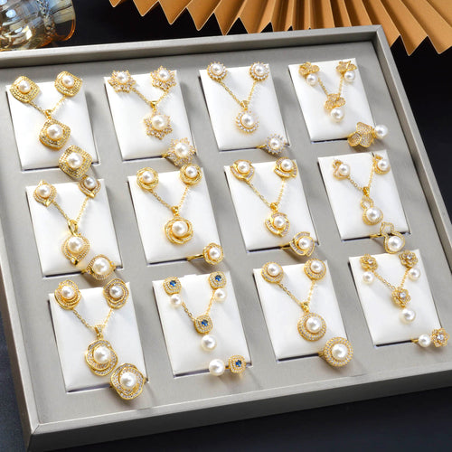 Overseas New Release Imitation Pearl Pendant Mini Set Rhinestone Necklace Ring Earrings 3-Piece Set Western Women Jewelry