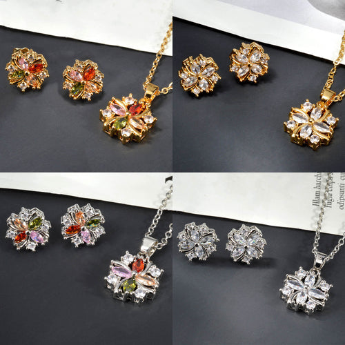 Western Exquisite Fashionable Light Luxury Rainbow Set Inlay Cubic Zirconia Necklace Fashionable Pendant Colorful Stud Earring Necklace Set 2-Piece Set