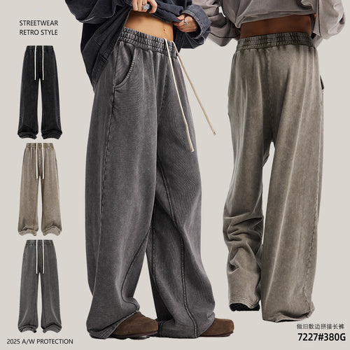 Men's American Retro Fleece Snow-Denim Frayed Edge Loose Fit Wide Leg Casual Pants