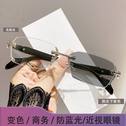 Photochromic Prescription Blue-Light Glasses Beveled Rimless Formal Overseas Pure Seduction Style Metal HD Prescription Sunglasses Photochromic
