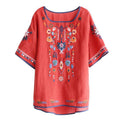 Women's Summer Ethnic Artistic Plus Size Linen Cotton Embroidered Short Sleeve Loose