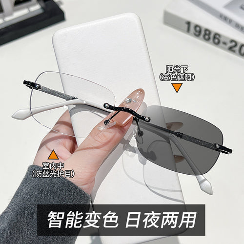 Ultra-Light Rimless Anti-Blue Plano Outdoor Fashionable Light-Changing UV-Proof Goggles Men Retro Sunglasses