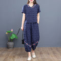 Women's Summer Ethnic Retro Plus Size Short Sleeve Loose Lantern Wide Leg Pants + Pan - Blue