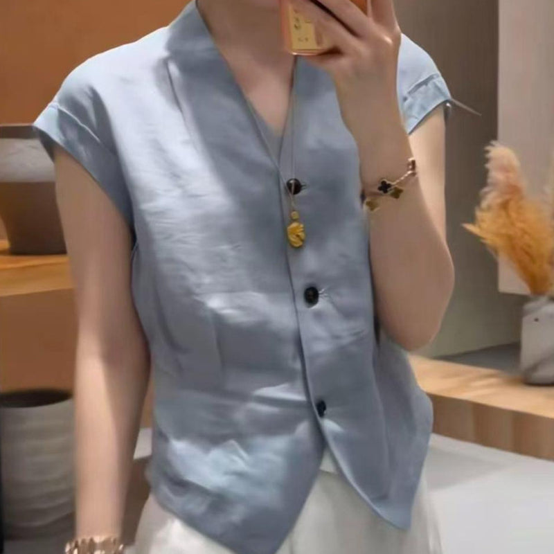 Summer Korean Casual Short Sleeve V-Neck Lightweight Loose Shirt