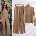 Fall-Winter Casual Fashion Knit Stand Collar Wide Leg Cardigan + Pants 2-Piece Set