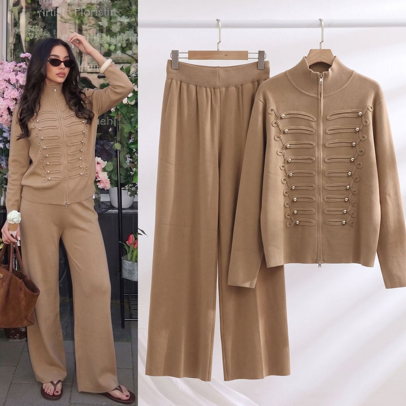 Fall-Winter Casual Fashion Knit Stand Collar Wide Leg Cardigan + Pants 2-Piece Set