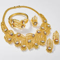 Dubai Gold Western Fashionable Africa Jewelry Necklace Bracelet Set Earrings Ring Cutout Leaves Wedding Banquet Set