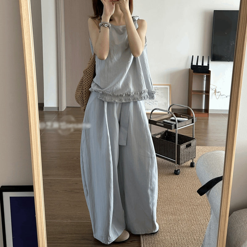 Korean Fashion Sleeveless High Waist Wide Leg Pants + Tank Top Set