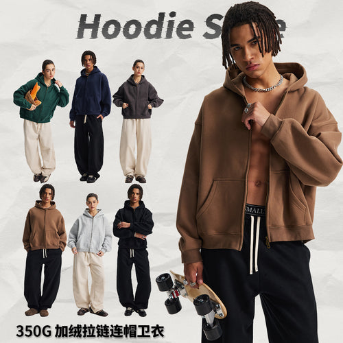 Unisex Fall/Winter Boxy Cropped Loose Fit Drop Shoulder Zip Fleece-Lined Hoodie