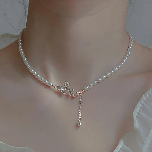 Korean Retro Rhinestone Butterfly Pearl Necklace Sweater Chain Clavicle Chain Choker New Elegant Jewelry Women 6321