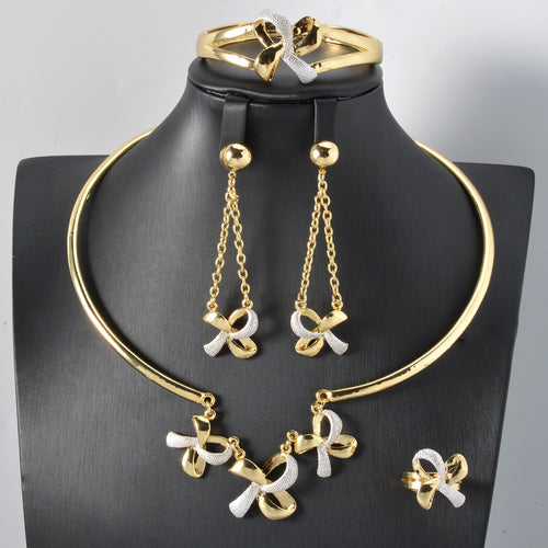 Sweet Cool Hot Girl Bow Copper Gold Plated Bead Collar Niche Unique Design Detail Necklace Bracelet Set Earrings Ring Set