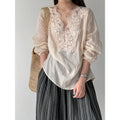 Summer Korean Slimming Ramie Embroidered Long Sleeve Patchwork Loose Shirt