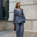 Fall Vacation Tencel V-Neck Tie-Front Ruffle Wide Leg Pants + Top 2-Piece Set