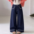 Girls' Embroidered Lace Trim Wide-Leg Straight Jeans