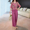 Women's Summer Ethnic Artistic Short Sleeve V-Neck Loose Wide Leg Pants + Top 2-Piece - Rose Red Set