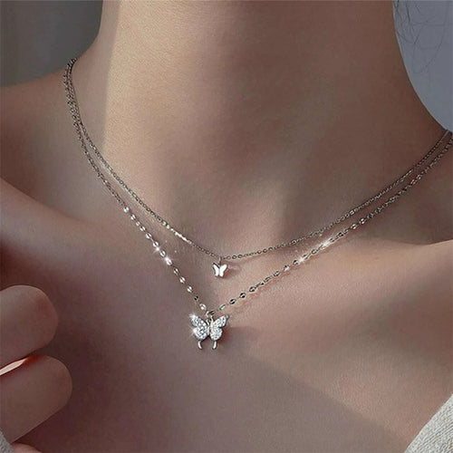 Amazon Style Elegant Minimal Choker Clavicle Chain Exquisite Size Full Diamond Butterfly Double-Layer Necklace Women N6161
