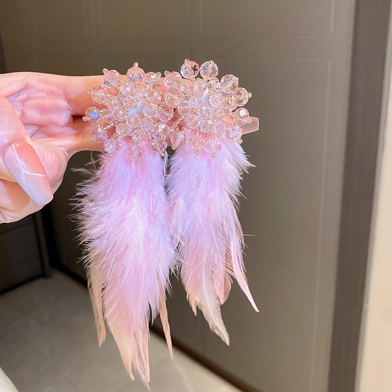 Rhinestone Bow Feather Tassel Earrings - view 7