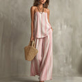 Women's Vacation Casual Linen Cotton Striped Loose Wide Leg Camisole + Pants 2-Piece - Sky Blue