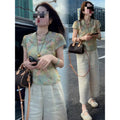 Summer New Chinese Casual Frog Button Loose Wide Leg Pants + Top Set
