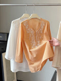 Summer Elegant Slimming 3/4 Sleeve V-Neck Beaded Heavy Shirt