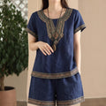 Women's Ethnic Vacation Embroidered Short Sleeve Shorts 2-Piece Set 2026 - Navy