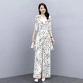 Summer Fashion Elegant Plus Size Chiffon Waist-Tie Loose Wide Leg Pants 2-Piece Set