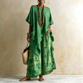 Women's Ethnic Vacation Linen Printed Loose Wide Leg Pants + Top 2-Piece Set 2026 - Olive
