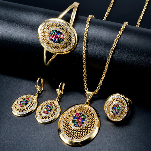 Western Accessory Overseas Wholesale Vintage Breeze Oval Round Cutout Rhinestone Necklace Bracelet Set Earrings Ring Jewelry Set
